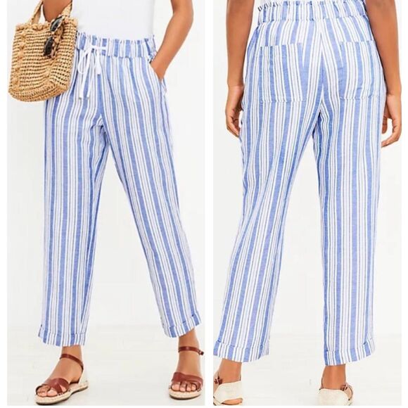 NWT LOFT Womens Emory Taper Pants in Striped Linen Blend Blue White Size XLT - Picture 1 of 9